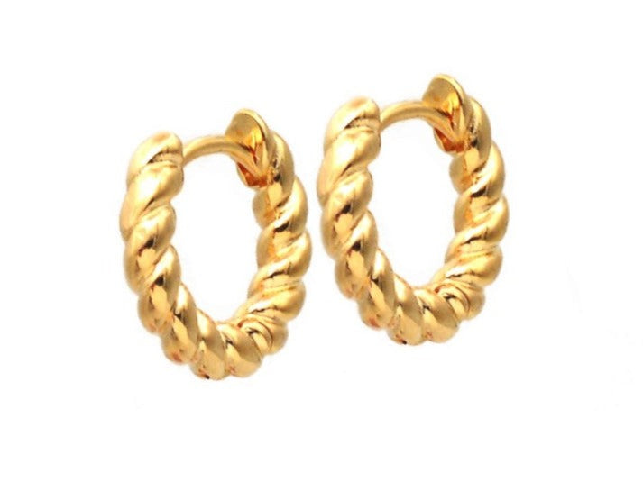 Gold twisted hoop earrings for women.