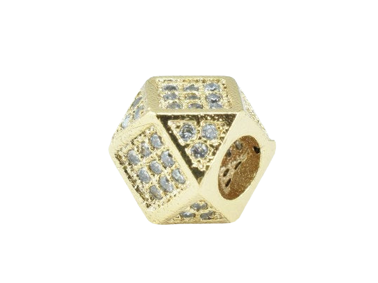 Gold bead charm with cubic zirconia stones, hexagonal design