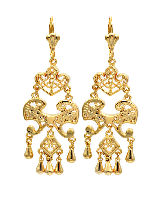 Gold filigree chandelier earrings with heart and floral details.