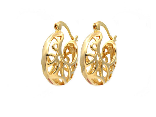 Gold hoop earrings with intricate filigree design.