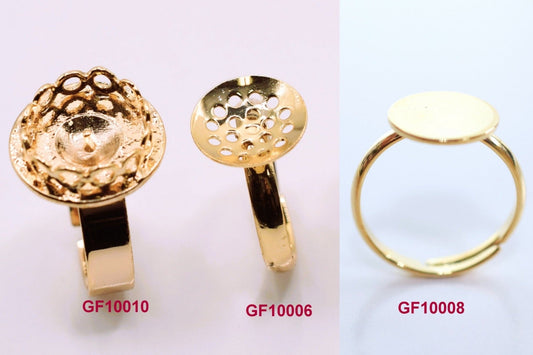 Gold adjustable ring settings with textured and smooth bases, models GF10010 GF10006 GF10008.