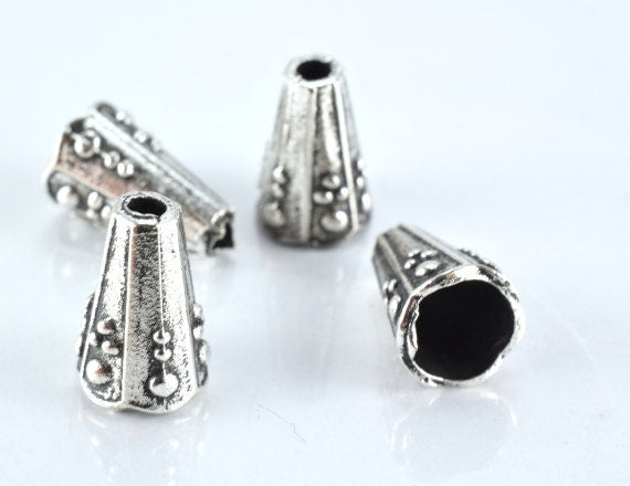 13x9mm Embossed Cone Antique Silver Charm Pendant Decorative Alloy Beads 18pcs/Pk 2mm hole opening, 2mm thickness