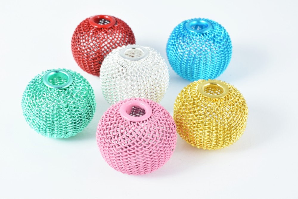 6 PCs Wire Mesh Beads Basketball wives large hole Round Beads 25mm metal jewelry big hoop earring chunky bead jewelry making