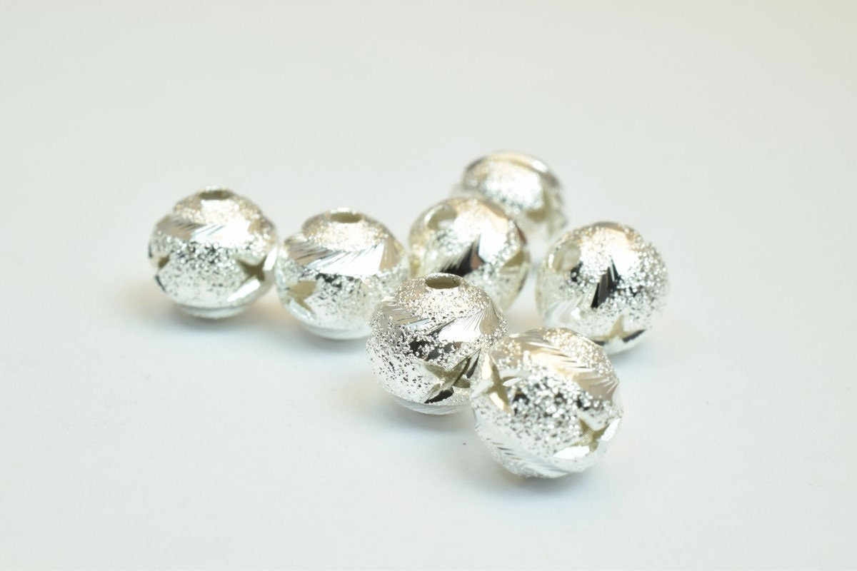 100 PCs Silver Plated Carved Round Beads 8mm Diamond Cut