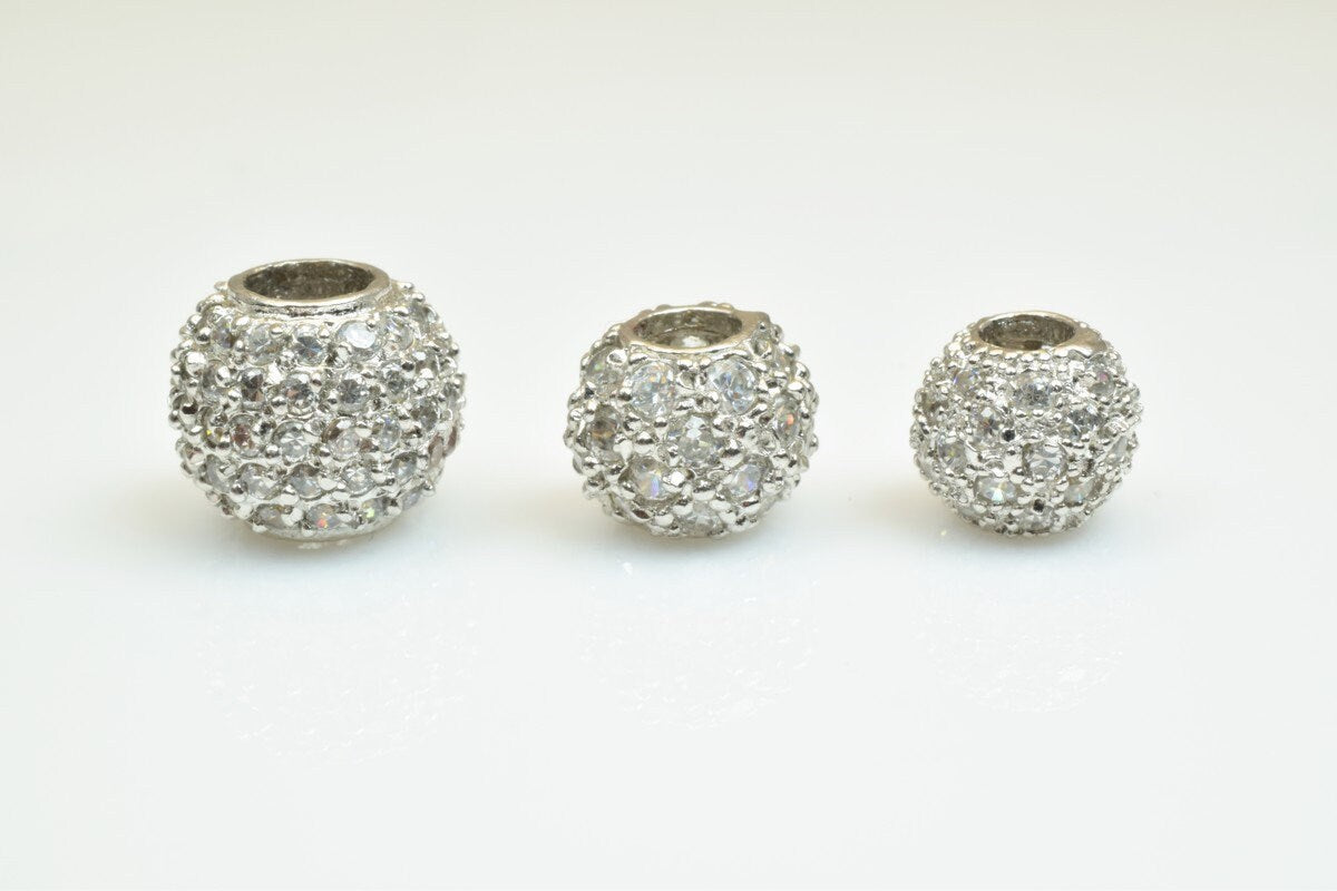 925 Sterling Silver CZ Cubic Zircon Round Beads With a Big Hole European Style Size 10mm/12mm/14mm For Jewelry Making