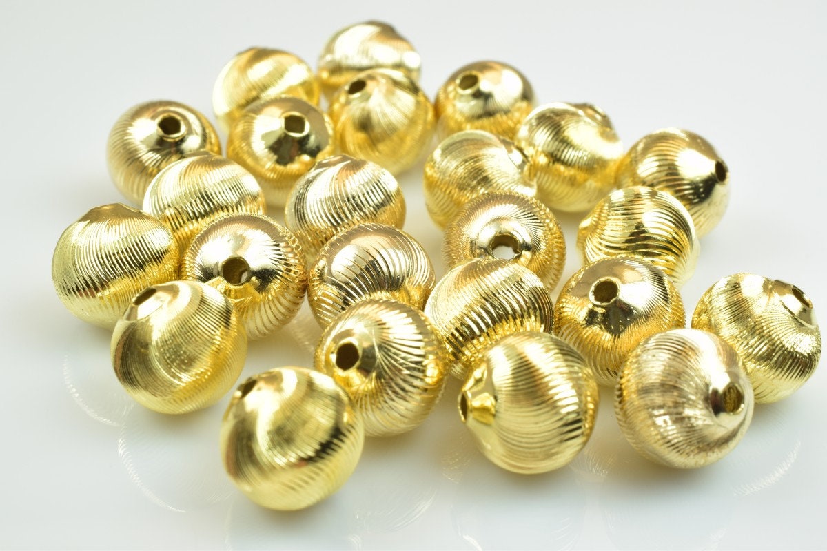 100 PCs Gold Plated Carved Round Beads 10mm Diamond Cut