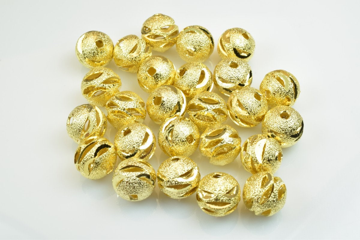 100 PCs Gold Plated Carved Round Beads 6mm/8mm/10mm Diamond Cut For Jewelry Making