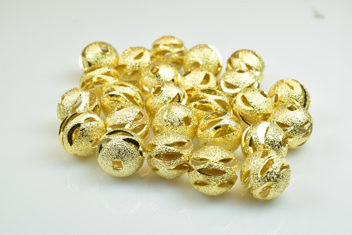 100 PCs Gold Plated Carved Round Beads 6mm/8mm/10mm Diamond Cut For Jewelry Making