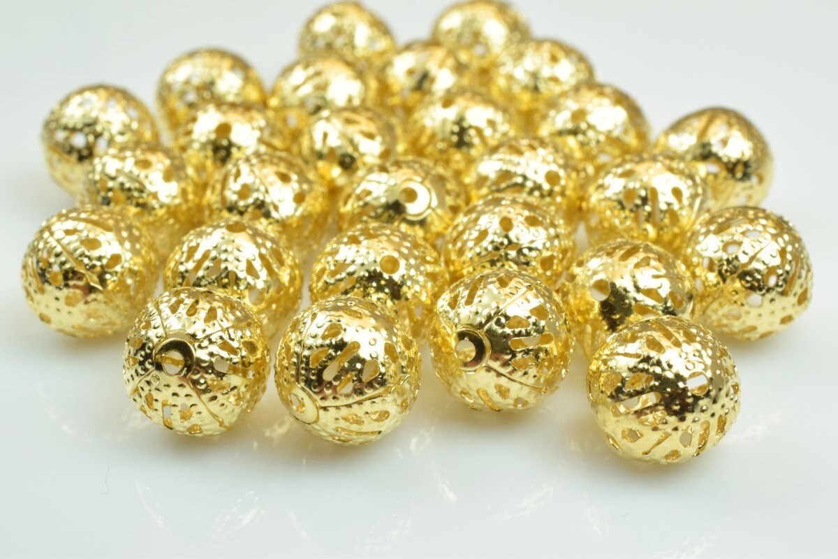 100 PCs Gold Plated Filigree Bead 10mm Diamond Cut For Jewelry Making