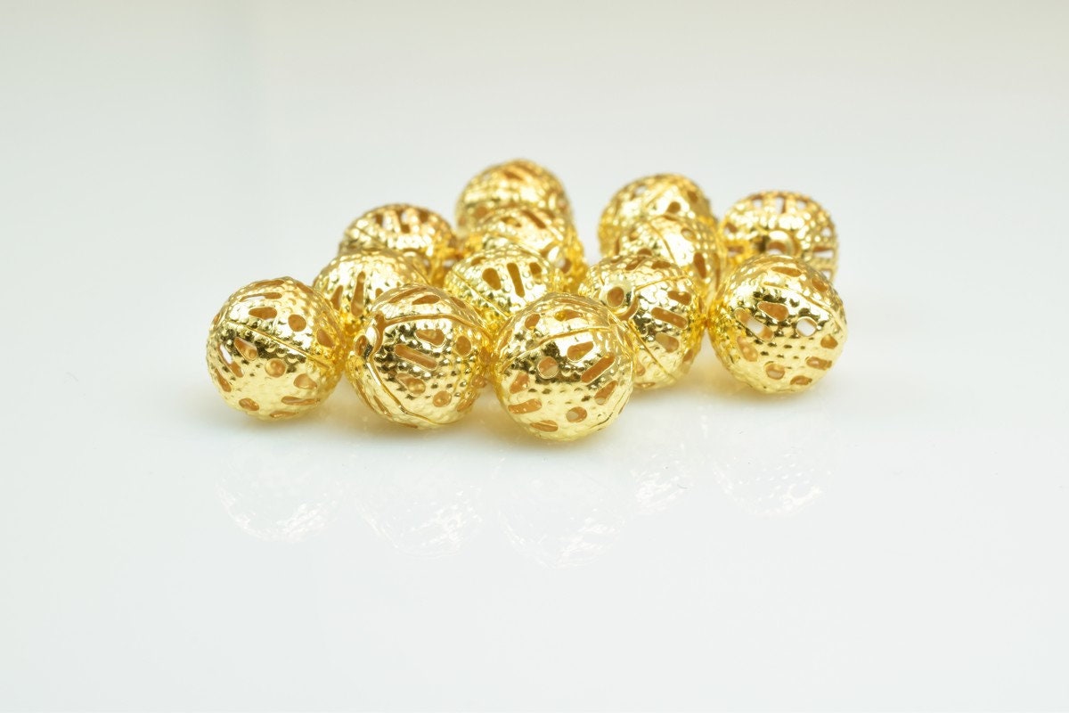 100 PCs 18K Gold Plated Filigree Bead 8mm Diamond Cut For Jewelry Making