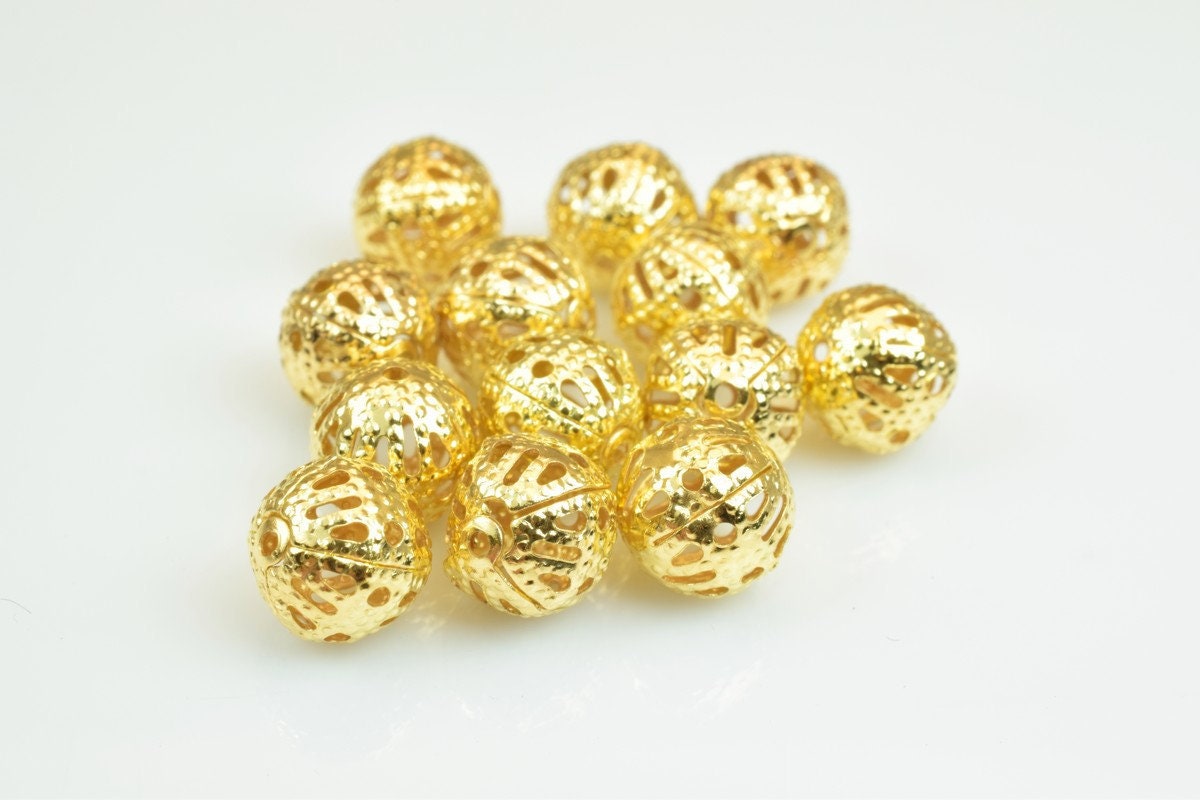 100 PCs 18K Gold Plated Filigree Bead 8mm Diamond Cut For Jewelry Making