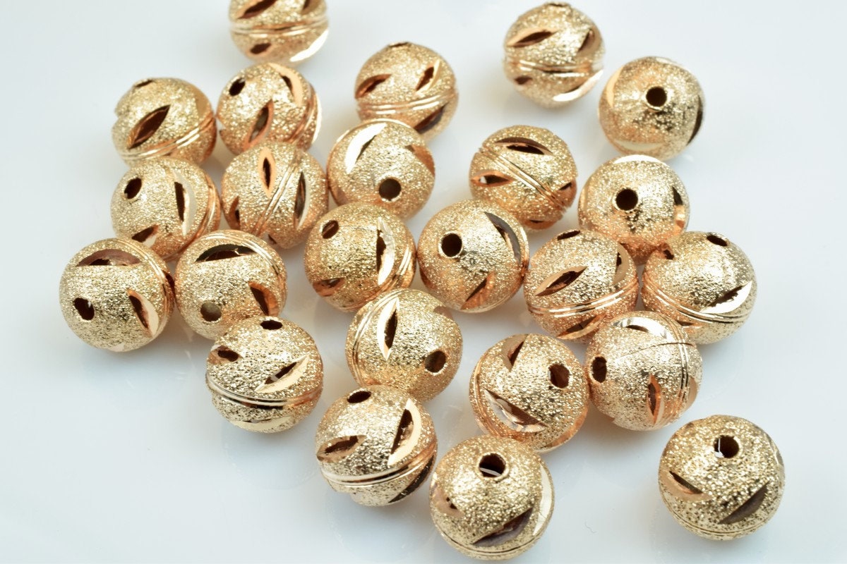 100 PCs Rose Gold Plated Carved Round Beads 6mm/8mm/10mm Diamond Cut For Jewelry Making