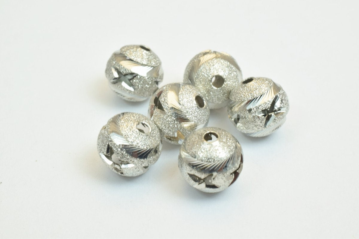 100 PCs Steel Plated Carved Round Beads 10mm Diamond Cut