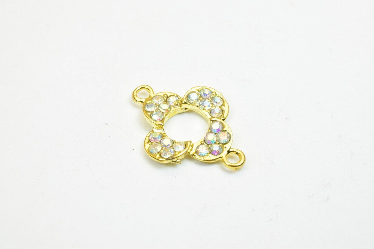 Clover Flower Rhinestone Connecting Charm with Pave Beads 4 PCs Size 21x15mm Thickness 3mm 2 Jump Rings 1.5mm For Jewelry Making