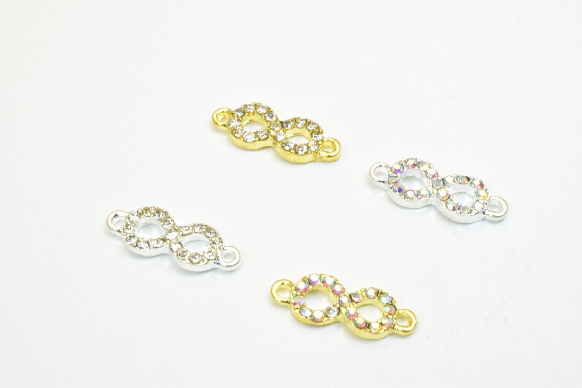 4 PCs Infinity Rhinestone Connector Charm Pave Beads Findings Size 20x7mm Thickness 2.5mm 2 Jump Rings 1mm For Jewelry Making