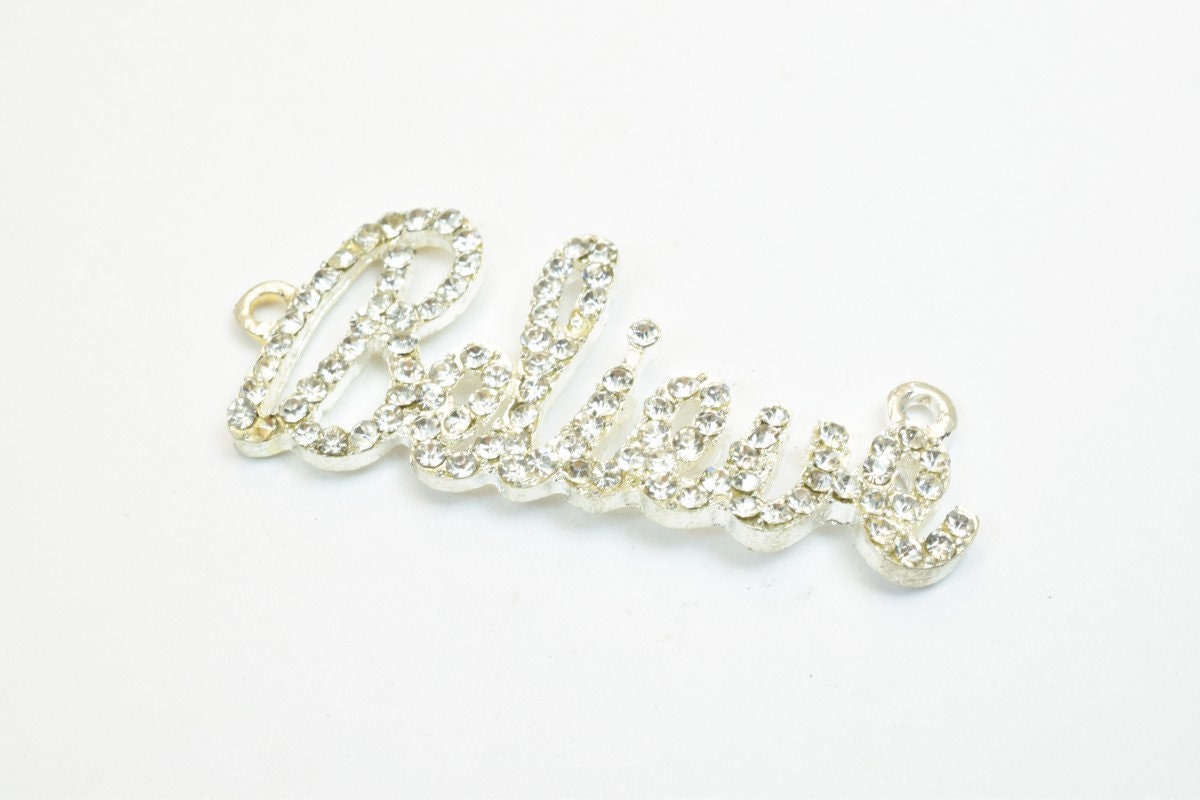 2 PCs Believe Rhinestone Connector Charm Pave Beads Findings Size 18.5x46mm Thickness 3mm 2 Jump Rings 1.5mm For Jewelry Making