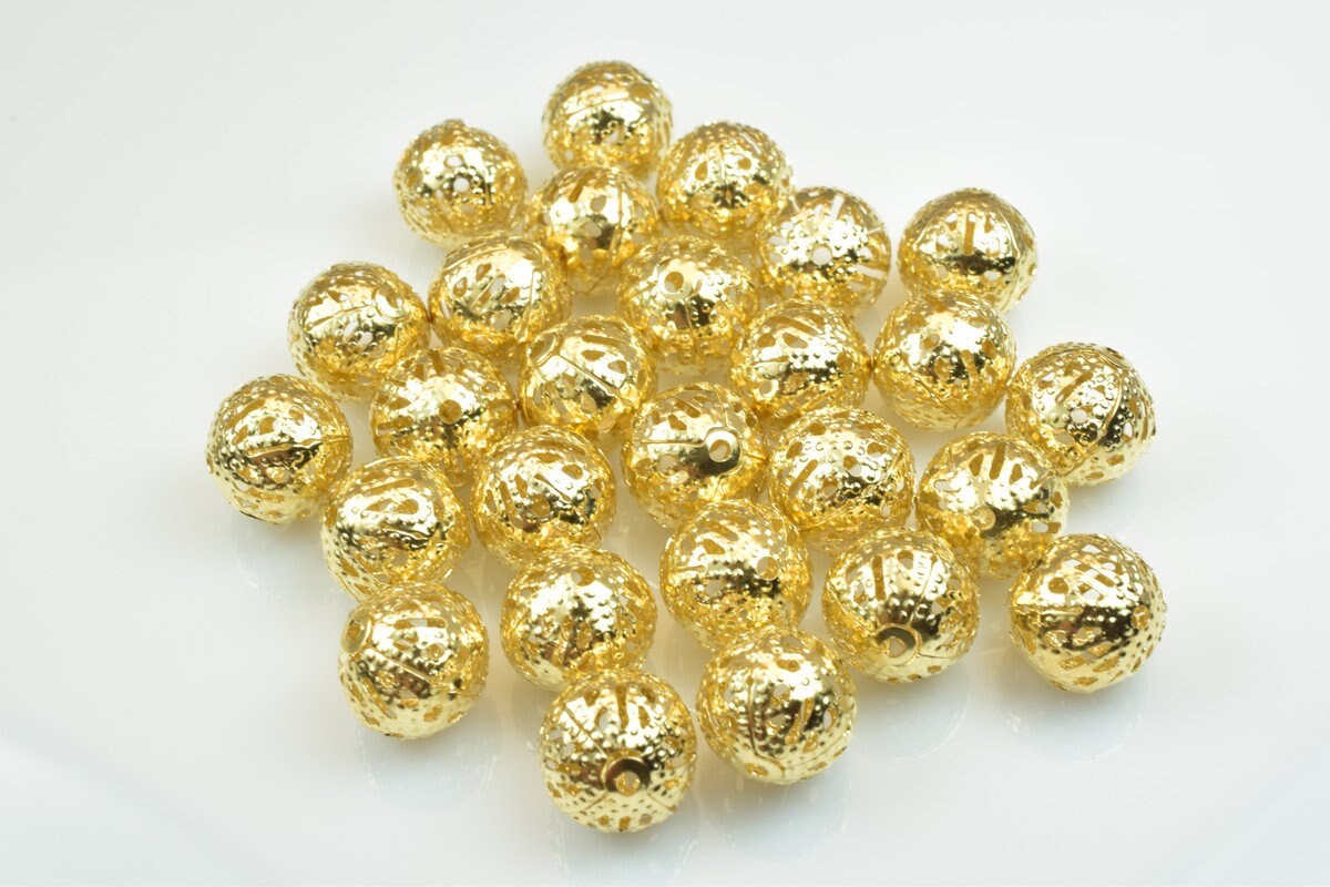 100 PCs Gold Plated Filigree Bead 10mm Diamond Cut For Jewelry Making