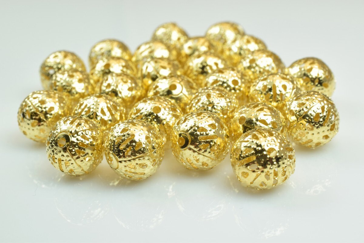 100 PCs Gold Plated Filigree Bead 10mm Diamond Cut For Jewelry Making