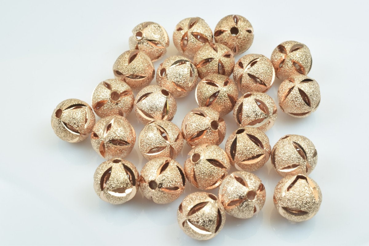 100 PCs Rose Gold Plated Carved Round Beads 6mm/8mm/10mm Diamond Cut For Jewelry Making