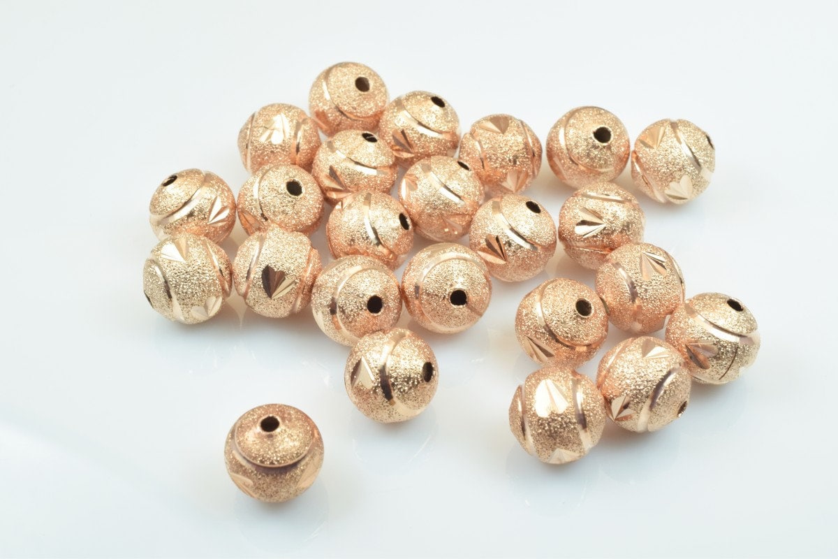 100 PCs Rose Gold Plated Carved Round Beads 6mm/8mm/10mm Diamond Cut For Jewelry Making