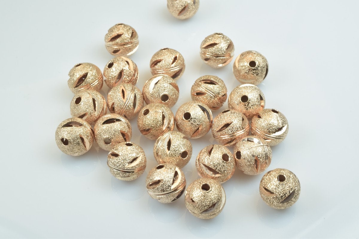 100 PCs Rose Gold Plated Carved Round Beads 6mm/8mm/10mm Diamond Cut For Jewelry Making