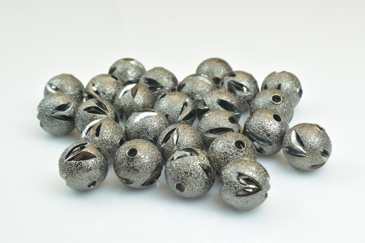 100 PCs Gun Metal Plated Black Carved Round Beads 6mm/8mm/10mm Diamond Cut For Jewelry Making