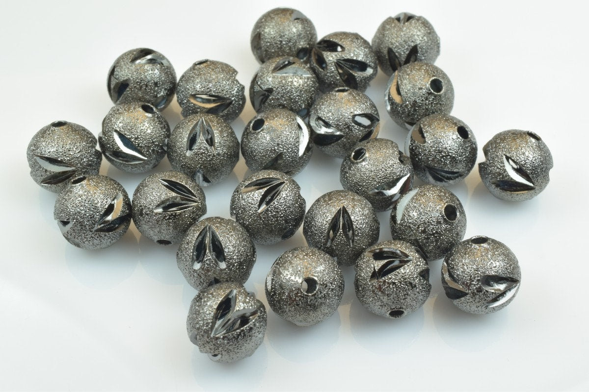 100 PCs Gun Metal Plated Black Carved Round Beads 6mm/8mm/10mm Diamond Cut For Jewelry Making