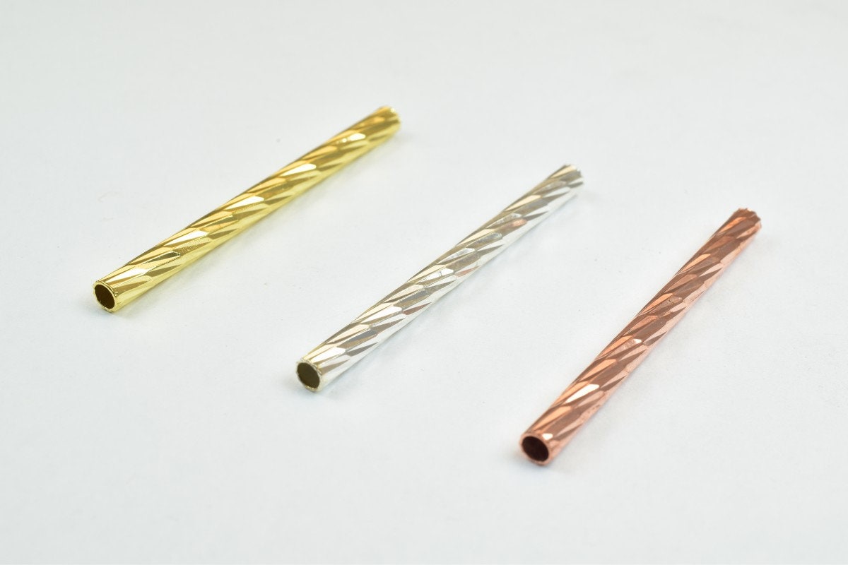 12 PCs Straight Tube Jewelry Finding Beads 3x40mm/3x45mm/3x50mm Diamond Cut Gold/Silver/ Rose Gold For Jewelry Making