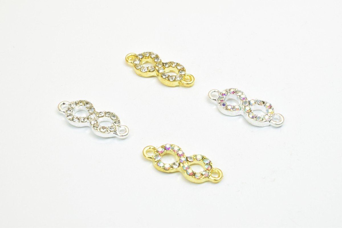 4 PCs Infinity Rhinestone Connector Charm Pave Beads Findings Size 20x7mm Thickness 2.5mm 2 Jump Rings 1mm For Jewelry Making