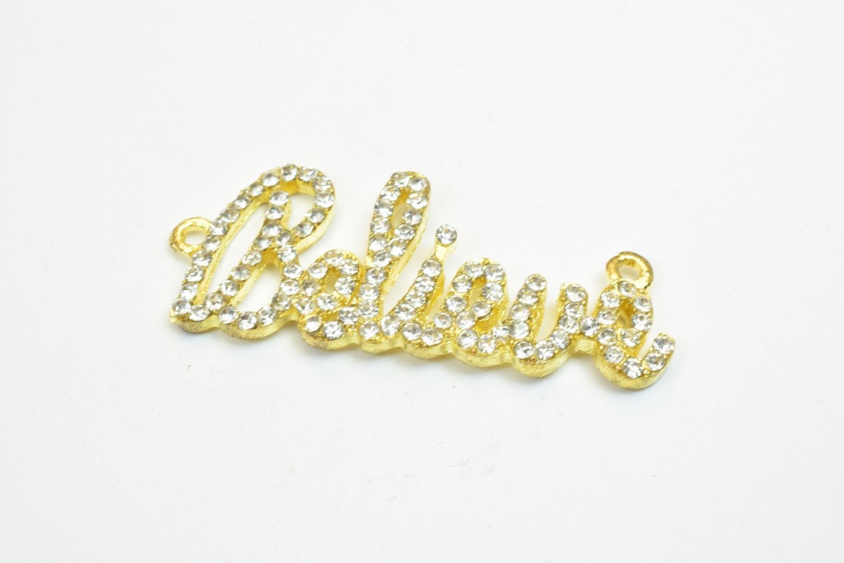 2 PCs Believe Rhinestone Connector Charm Pave Beads Findings Size 18.5x46mm Thickness 3mm 2 Jump Rings 1.5mm For Jewelry Making