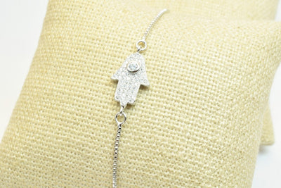 Hamsa Hand Bracelet White Gold Filled Rhodium Chain With Cubic Zirconia Size 7.75" Inches Pave Bling Bling For Jewelry Making Item # BR91
