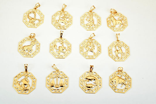 Zodiac Charm Pendants Horoscope Charms Horoscope Pendant Pinky Gold Filled Size 27.5x25mm Zodiac Coin Constellation Charm For Jewelry Making