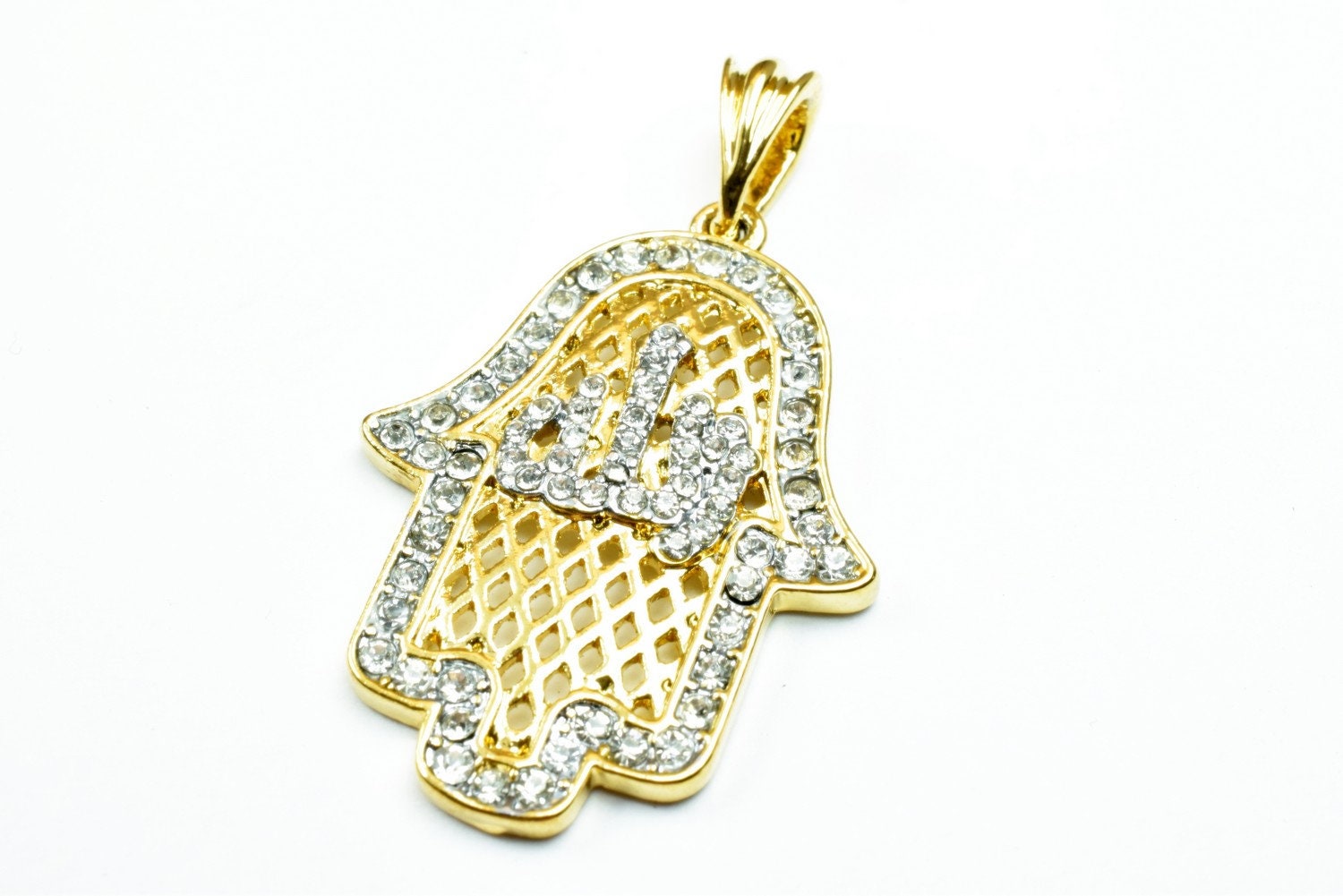 18K Hamsa Allah اللهas Gold Filled* Pendant Size 38x27mm Pendant With Rhinestone CZ Cubic Zirconia Pendant For Jewelry Pendant Item# GP143