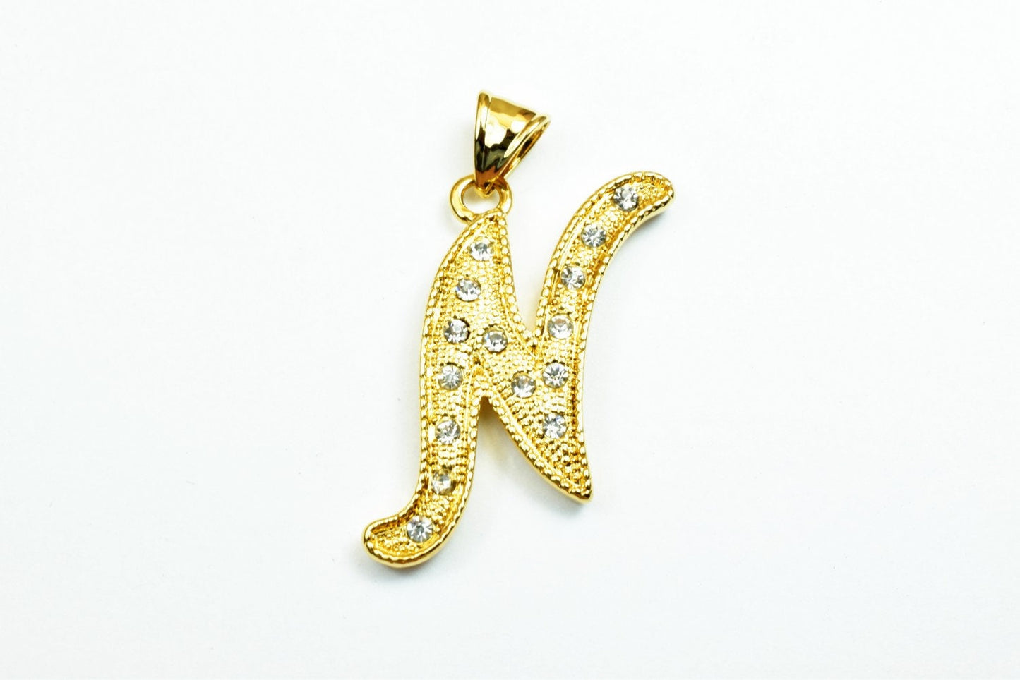 18K as Gold Filled* Letter "N" Pendant With Rhinestone CZ Cubic Zirconia, Size 33x19mm Initial Charm Valentine's Day Gift For Jewelry Making