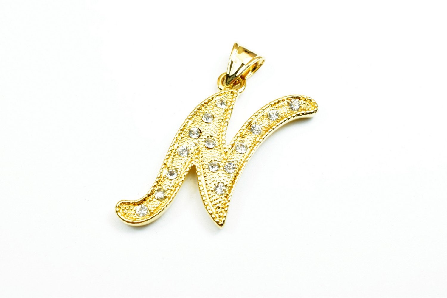 18K as Gold Filled* Letter "N" Pendant With Rhinestone CZ Cubic Zirconia, Size 33x19mm Initial Charm Valentine's Day Gift For Jewelry Making