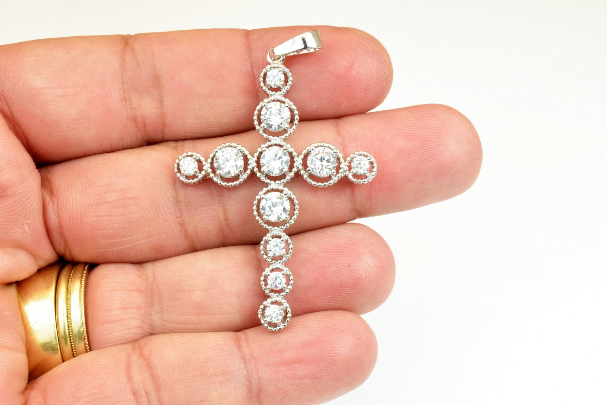 White Gold Filled Cross Pendant Clear CZ Cubic Zircon Rhinestone Rhodium Plated Charm Size 48x34mm Thickness 5mm Findings For Jewelry Making