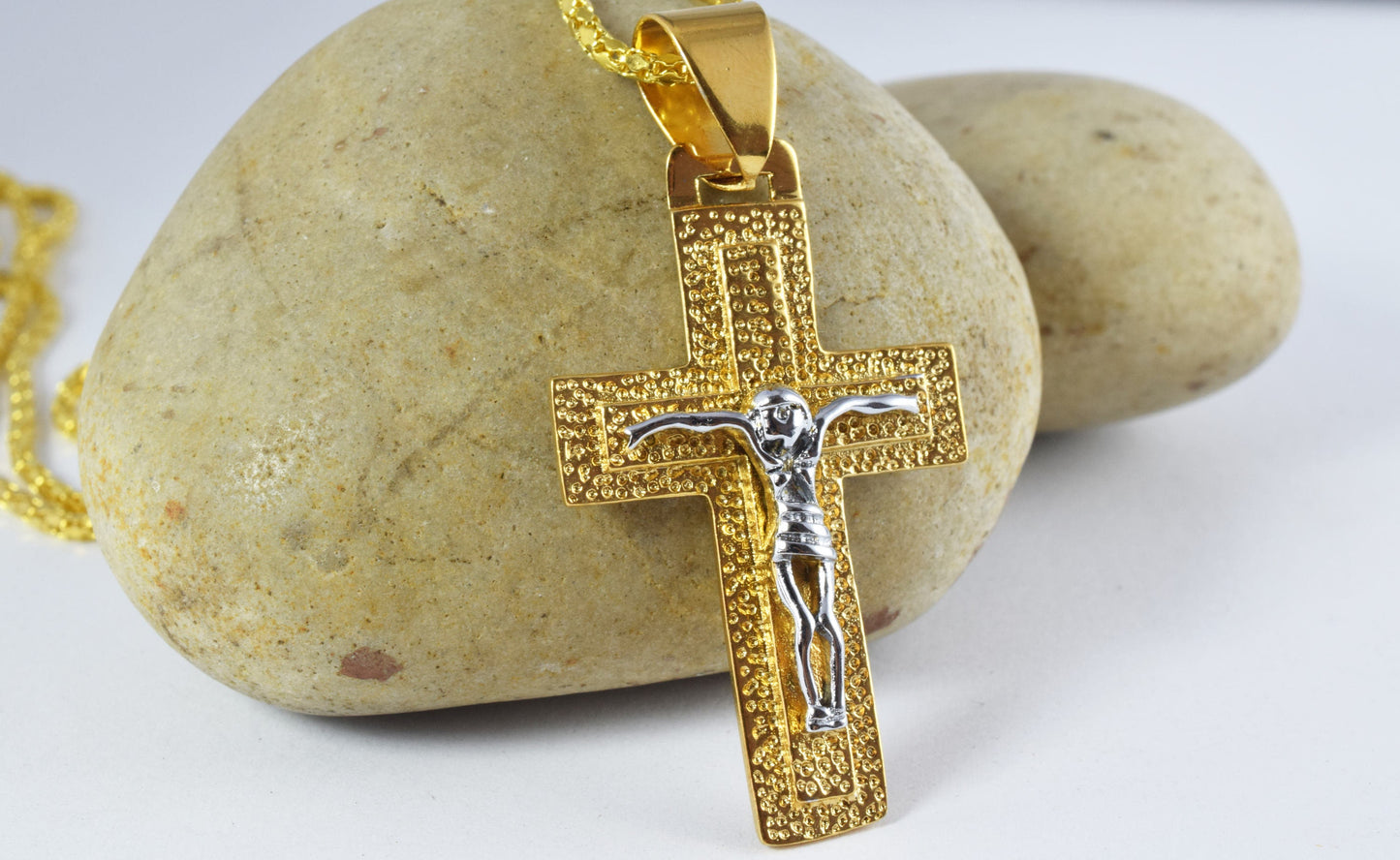 18K as Gold Filled* Cross Pendant Charm With White as Gold Filled* Jesus Size 43x26mm Christian Religious Cross For Jewelry Making