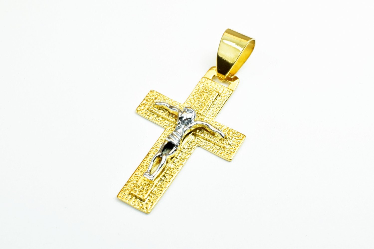 18K as Gold Filled* Cross Pendant Charm With White as Gold Filled* Jesus Size 43x26mm Christian Religious Cross For Jewelry Making