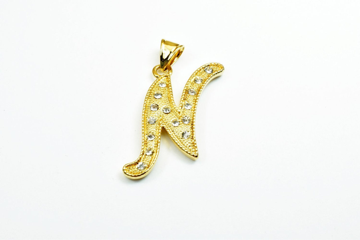 18K as Gold Filled* Letter "N" Pendant With Rhinestone CZ Cubic Zirconia, Size 33x19mm Initial Charm Valentine's Day Gift For Jewelry Making