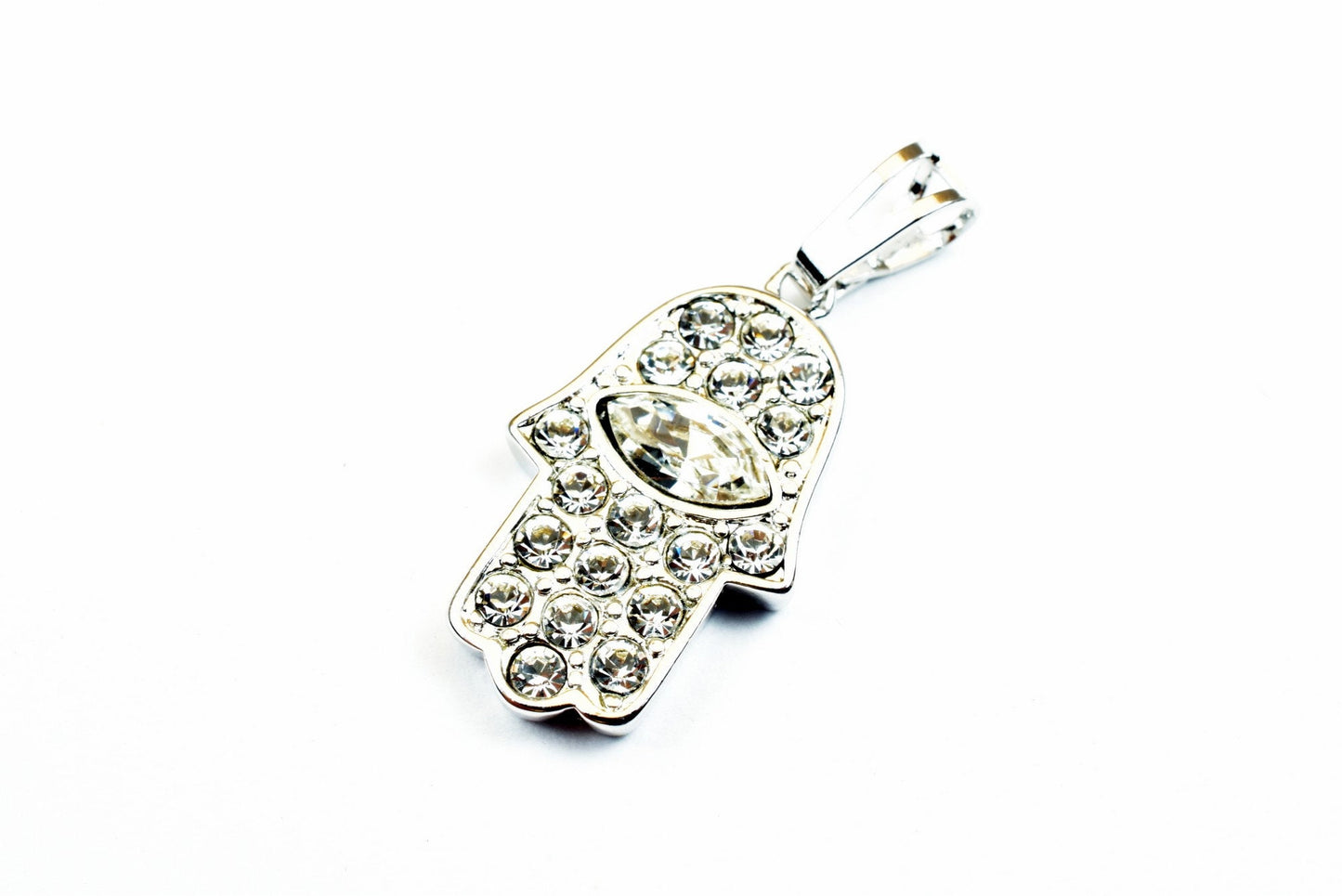 White Gold Filled Rhodium Hamsa Hand Pendant(خمسة وخميسة)Size 29x14mm With Clear CZ Cubic Zirconia Bling Bling Rhinestone For Jewelry Making