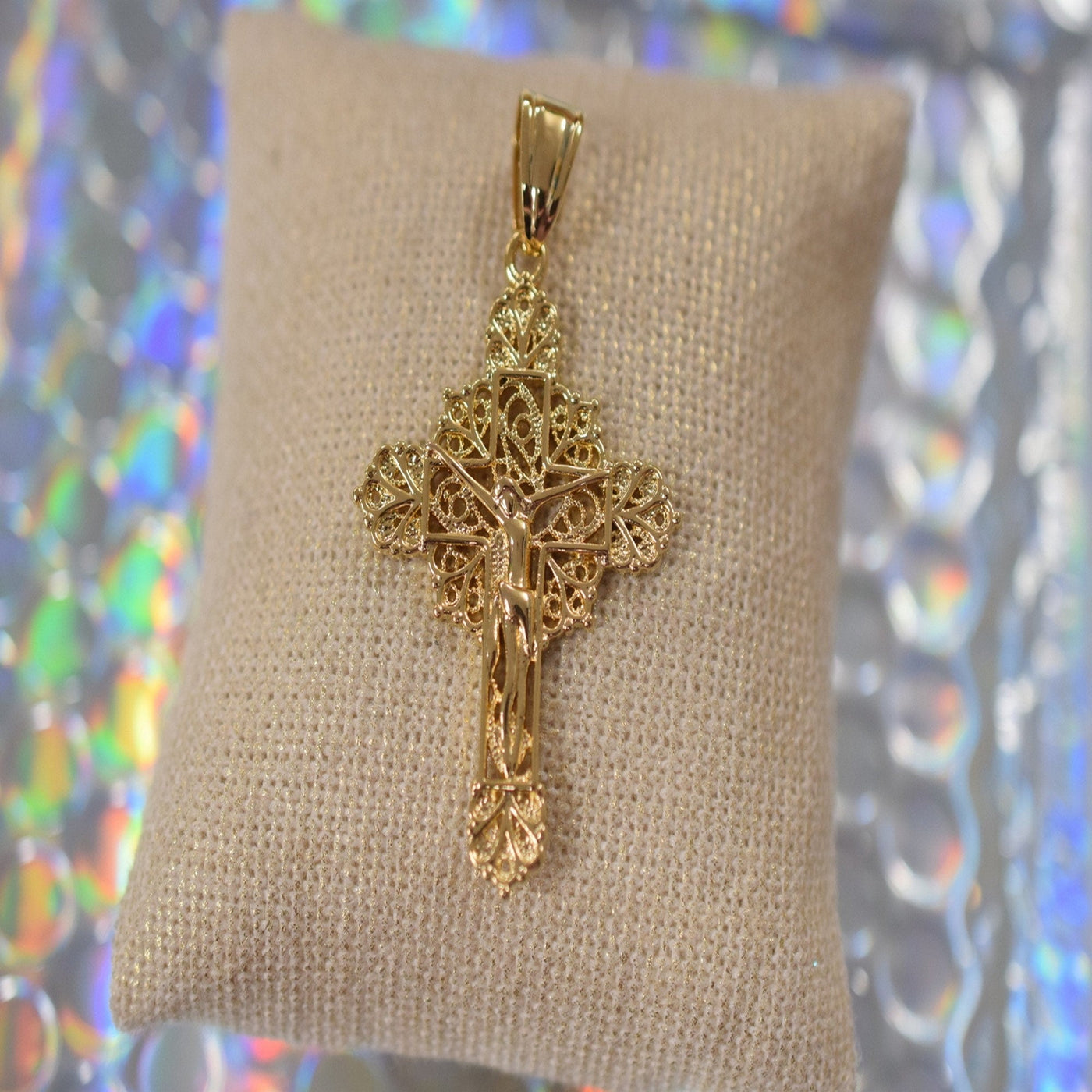 18Kt as Gold Filled* Religious Cross Filigree Pendant With Jesus For Rosary Baby Christening Baptism Gift Jewelry Making GP156