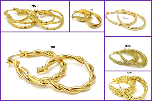 Gold hoop earrings assortment with textured and twisted designs.