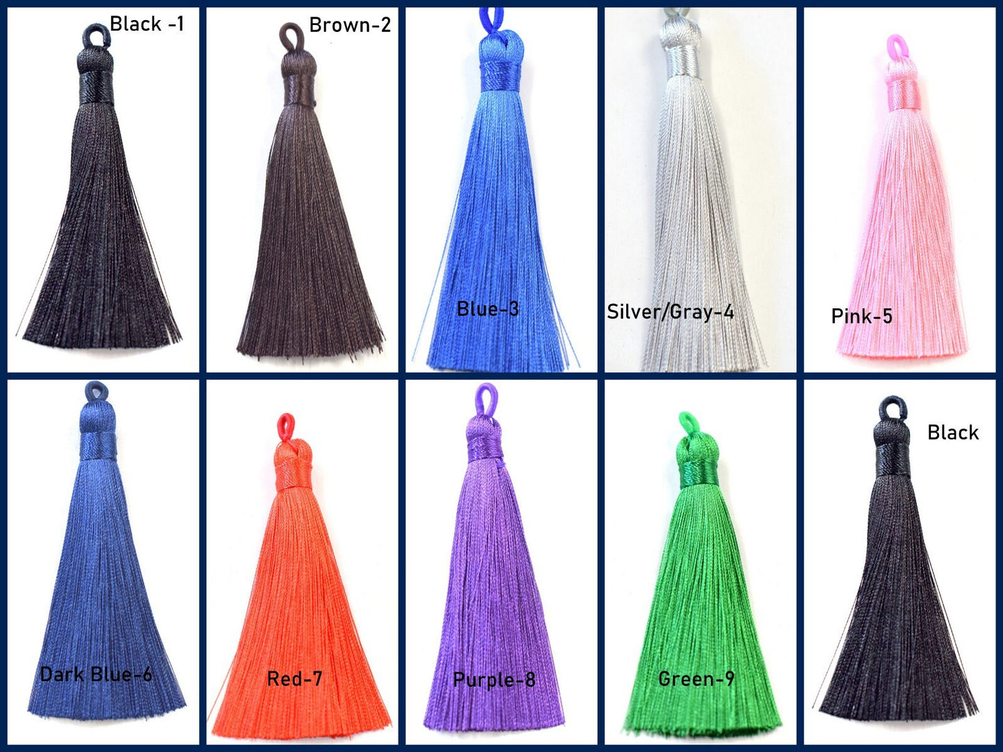 Assorted colorful tassels including black, brown, blue, silver-gray, pink, dark blue, red, purple, and green for crafting.