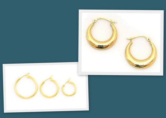 Gold hoop earrings set with various sizes on a white background.