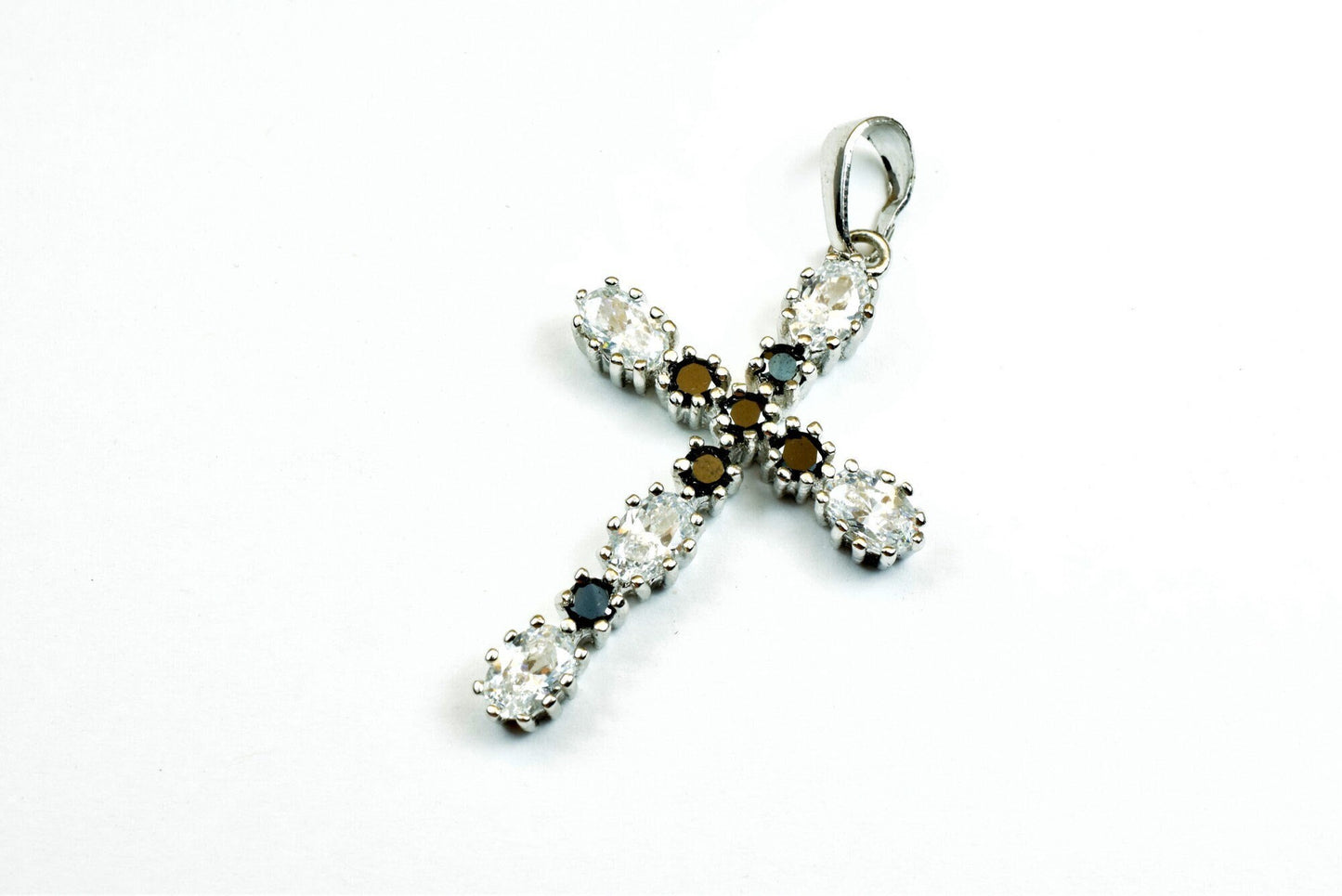 White gold filled cross pendant, black clear cz cubic zircon rhinestone rhodium plated charm size 39x20mm thickness 4.5mm for jewelry making