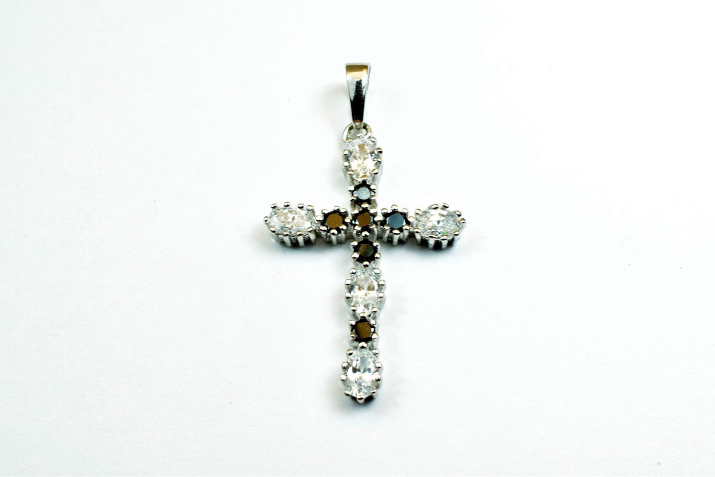 White gold filled cross pendant, black clear cz cubic zircon rhinestone rhodium plated charm size 39x20mm thickness 4.5mm for jewelry making