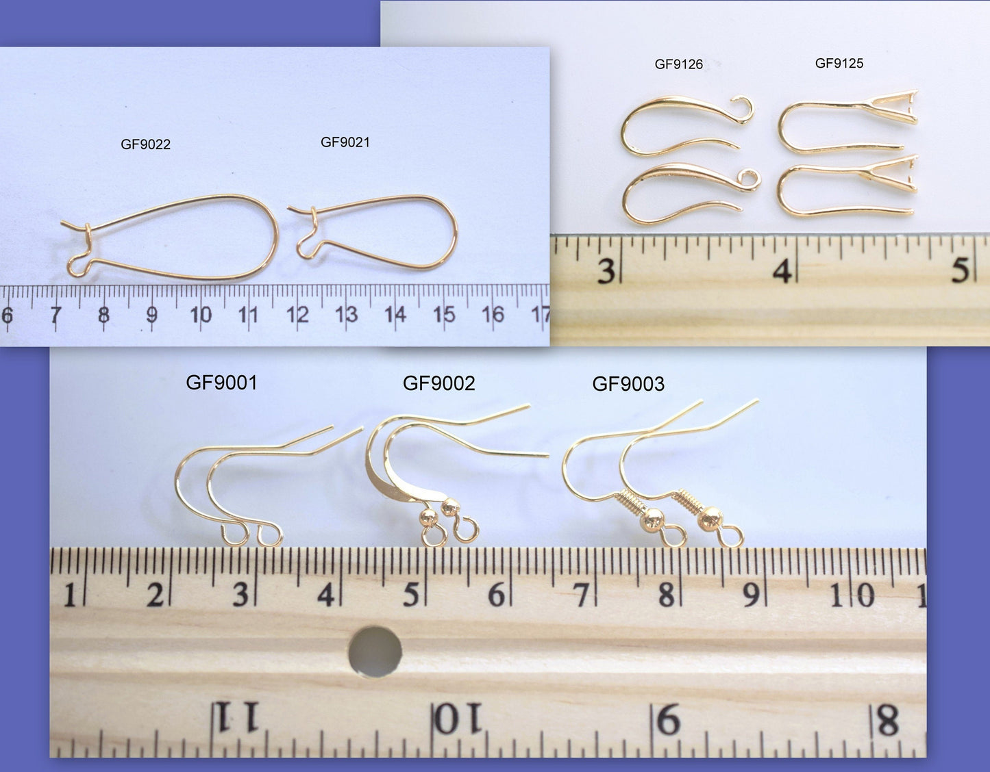 Gold earring hooks with sizing ruler for jewelry making GF9001 GF9002 GF9003 GF9021 GF9022 GF9125 GF9126.