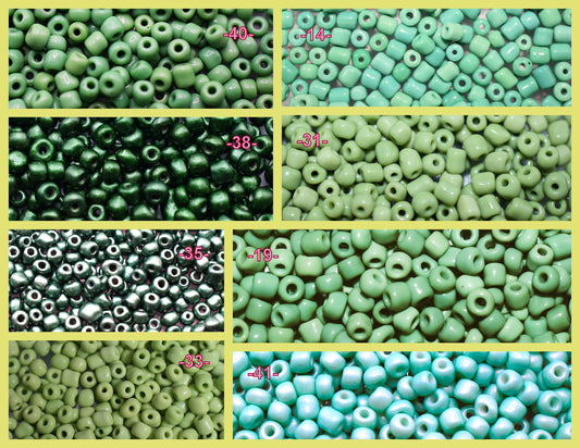 Green and turquoise assorted glass seed beads collection for crafting and jewelry making.