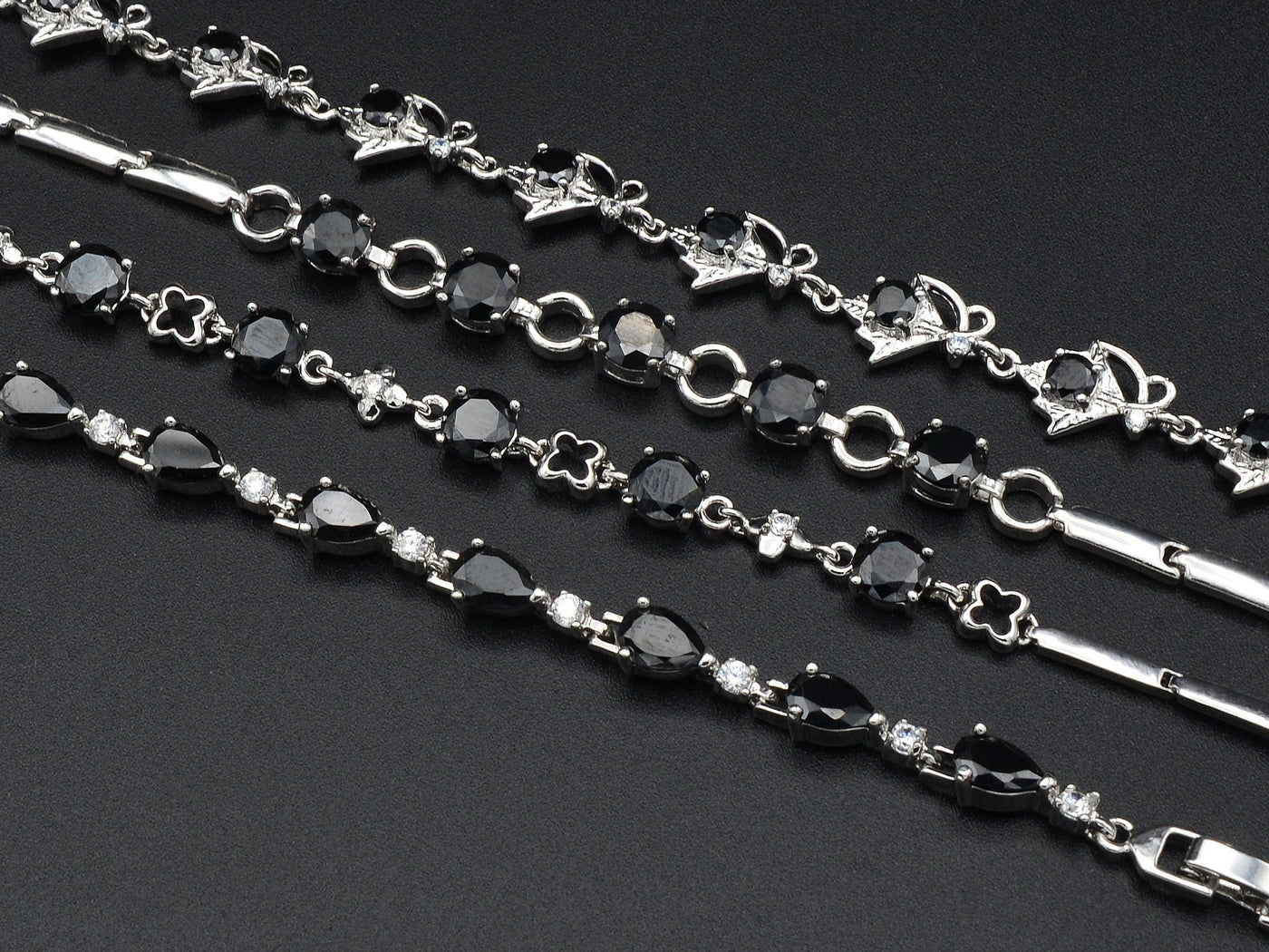 Women Silver Bracelet Rhodium Plated Chain With Black Cubic Zirconia bohemian Bling Bling Jewelry Making tarnish resistant