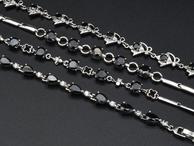 Women Silver Bracelet Rhodium Plated Chain With Black Cubic Zirconia bohemian Bling Bling Jewelry Making tarnish resistant